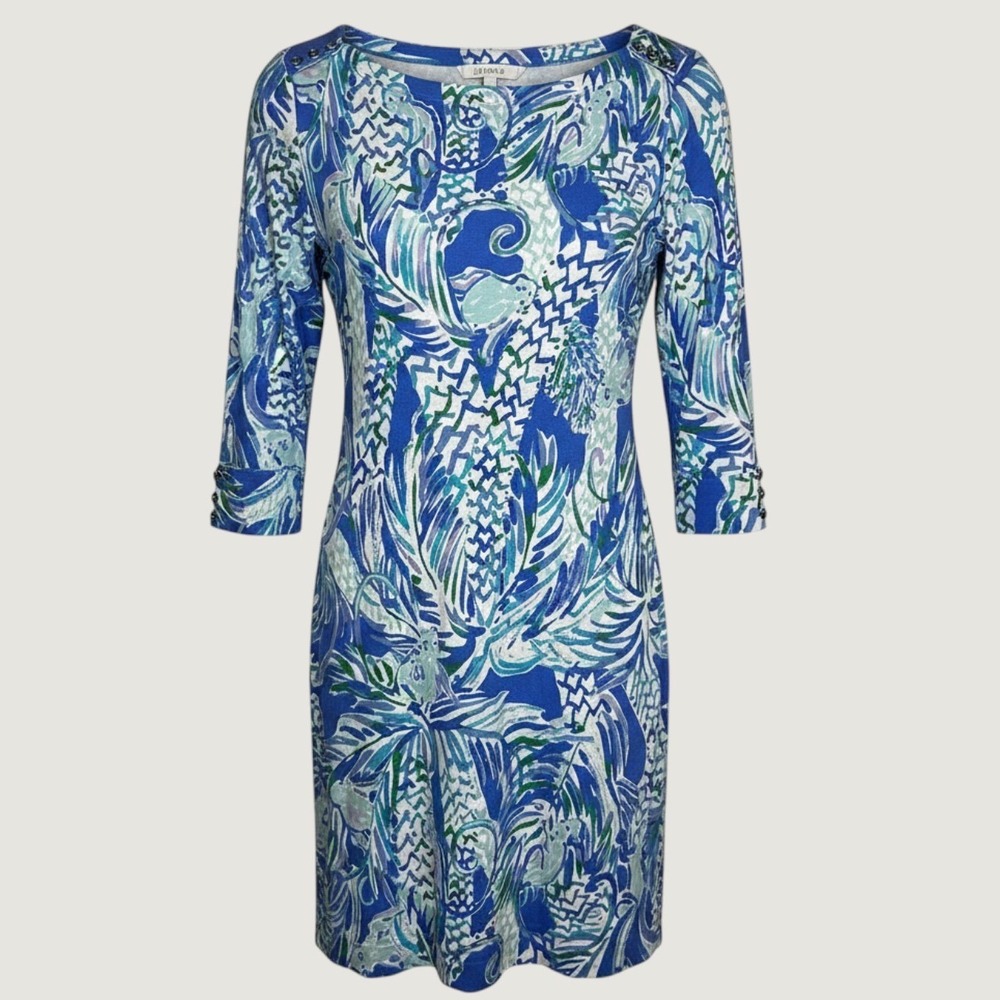 Lilly Pulitzer Blue Green Tropical Print Boat Neck Shift Dress‎ with Buttons L